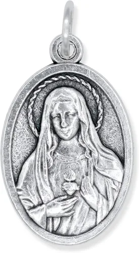 Vista 4 de Paquete de 5 medallas del Corazón de María y el Sagrado Corazón de Jesús Colgantes católicos oxidados de plata de 1 pulgada para collar y rosario
