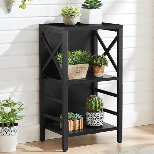 Vista 2 de MNEETRUNG Estantería Pequeña, Estantería Industrial de 3 Niveles con Marco de Metal y Tablero Trasero, Estantería Baja en Negro, Estantería