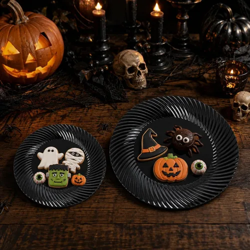 Vista 4 de WELLIFE 100 platos de plástico negro para fiestas, platos desechables negros incluyen 50 platos de postre y 50 platos llanos para bodas, cumpleaños