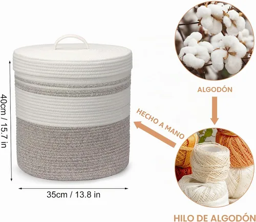 Vista 2 de Cesta de lavandería Goodheim con tapa, cesta de lavandería tejida, cesta de almacenamiento para mantas y juguetes para sala de estar, dormitorio