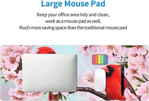Vista 7 de Alfombrilla de mouse grande con bonitos pájaros rojos en flores de cerezo extendida con bordes cosidos, alfombrilla de mouse para computadora
