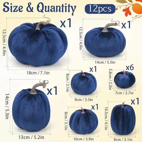 Vista 2 de Gresorth 12 calabazas artificiales de terciopelo grandes, decoración de Azul