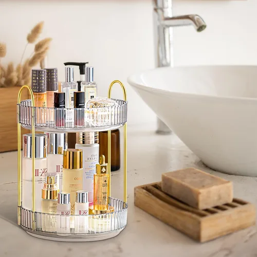 Vista 7 de Organizador de maquillaje giratorio 360 para tocador, organizador y almacenamiento de encimera de baño, organizador de cosméticos para cuidado