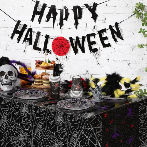 Vista 3 de Peryiter Mantel rectangular de plástico para Halloween, tela de araña, 54 x 108 pulgadas, impermeable, desechable, tela de araña para decoración