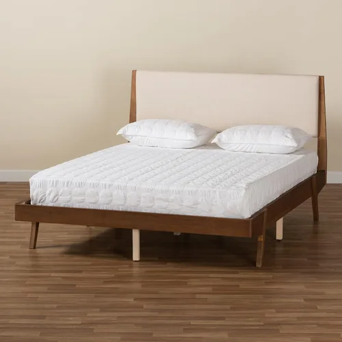 Vista 9 de Baxton Studio Senna Mid-Century - Cama de plataforma tapizada de tela beige moderna y acabado marrón nogal, tamaño Queen