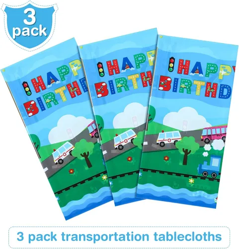 Vista 3 de Tegeme Paquete de 3 suministros de fiesta de cumpleaños de transporte, manteles de transporte, decoraciones de cumpleaños, fundas de mesa