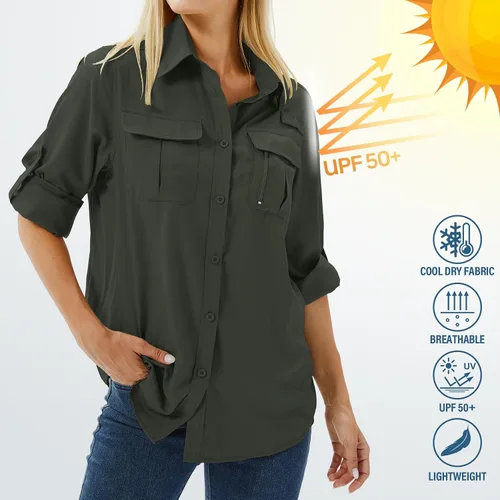 Vista 6 de Camiseta de Manga Larga para Mujer con Protección Solar UPF 50 para Safari, Pesca, Senderismo