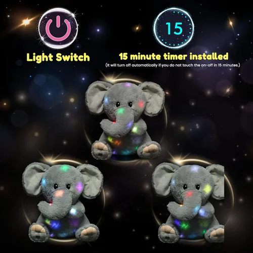 Vista 4 de Hopearl Elefante de peluche con luces LED, flexible, con luces de noche que brillan en la oscuridad, para festival, cumpleaños, niños pequeños