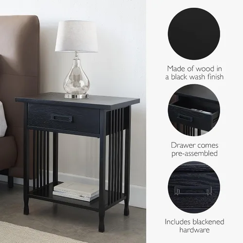 Vista 4 de Leick Home 11222-BK Ironcraft - Mesita de noche rústica con un cajón, color negro lavado