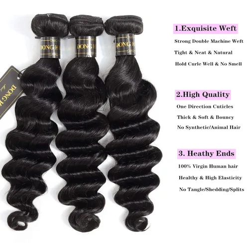 Vista 2 de Mechones de cabello suelto con ondas profundas peruanas con cierre, (16"18"20"+14Cierre) Extensiones de cabello peruano virgen 8A con mechones
