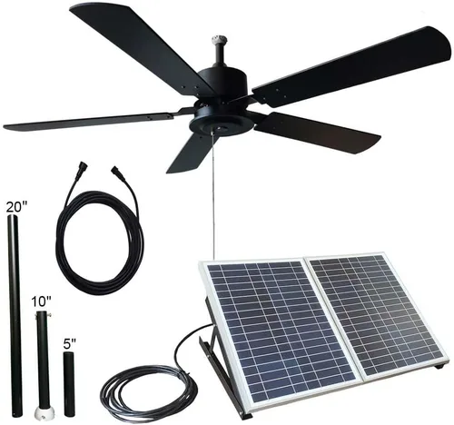 Vista 3 de Ventilador de techo solar para exteriores de 52 pulgadas con aspas de madera, panel solar total de 60 W para porches, patios, cenadores, pasarelas