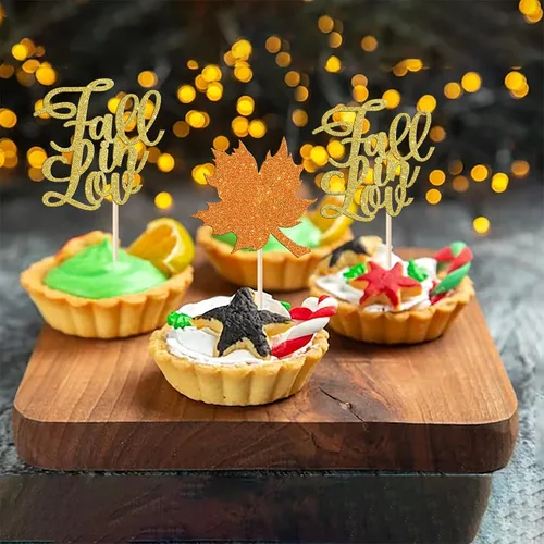 Vista 5 de Rsstarxi Paquete de 24 adornos para cupcakes con purpurina de otoño de hojas de arce de otoño, palillos para cupcakes, decoración de pasteles