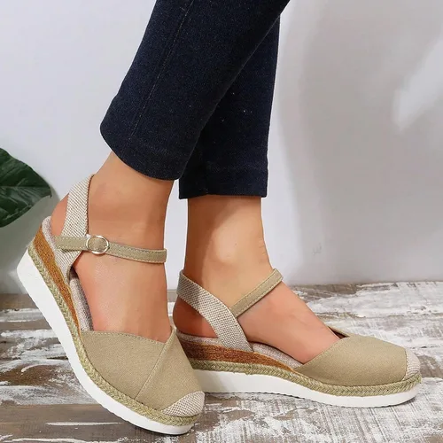 Vista 2 de Sandalias de plataforma ortopédicas con cuña para mujer, verano 2023, elegantes, planas, de punta abierta, con correa al tobillo, estilo alpargata