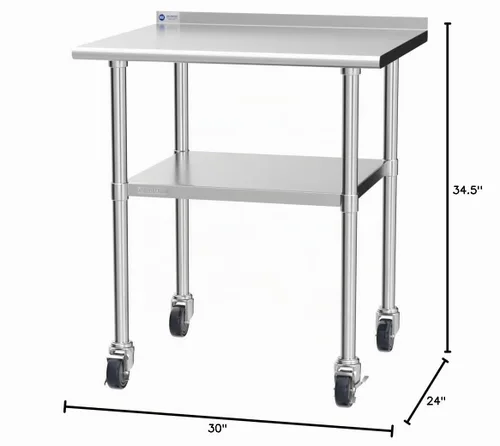 Vista 7 de Gridmann. Mesa de preparación y trabajo para cocina comercial, hecha en acero inoxidable con 4 ruedas con protectores contra salpicaduras. Varios