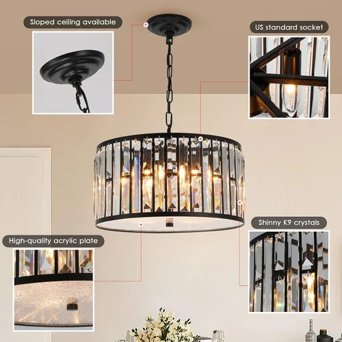 Vista 8 de Weesalife Candelabros de cristal para comedor sobre mesa, 6 luces modernas para dormitorio, lámparas de tambor para isla de cocina, sala de estar