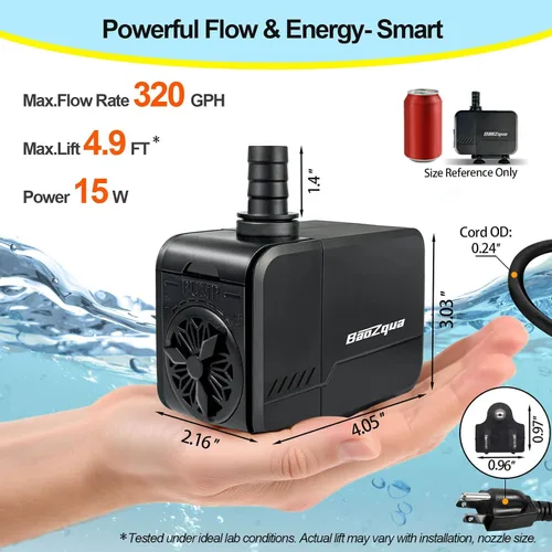 Vista 2 de Bomba de agua sumergible de 320 GPH (1200 L/H, 15 W), bomba de fuente silenciosa y de bajo consumo, para acuario, pecera, estanque, fuente, cascada