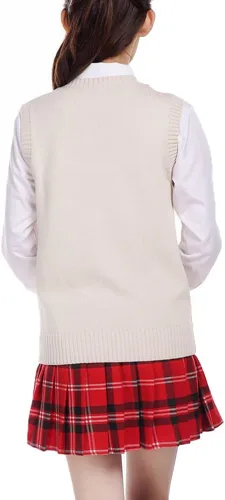 Vista 4 de Blostirno Chaleco de suéter para mujer, cuello en V, uniforme JK, chalecos Kint, sólido, clásico, sin mangas, suéteres
