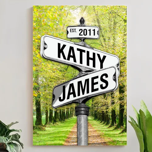 Vista 15 de Mapileng Lienzo personalizado de Crossroads Street Sign para parejas, nombres personalizados y fecha, arte de pared vintage, regalo del día de San