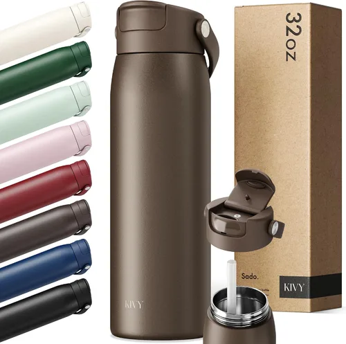 Vista 25 de KIVY Botella de agua de acero inoxidable con pajita 24oz - 24h fría 12h Rojo oscuro