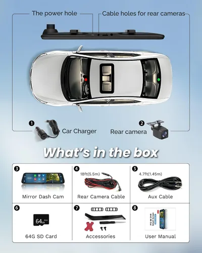 Vista 9 de Cámara de espejo retrovisor 4K con Carplay y Android Auto, cámara de salpicadero de 12" para espejo frontal y trasero con control de voz para coches