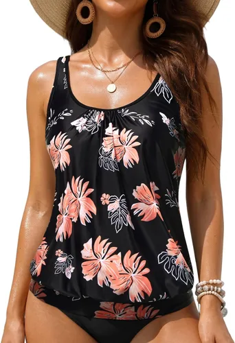 Vista 6 de Yonique Top Tankini Blouson para Mujer Sin Parte Inferior Top de Natación de Ajuste Holgado Top Tankini Modesto Negro