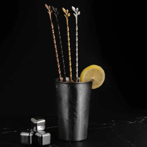 Vista 7 de AnSaw - Cuchara de cóctel de acero inoxidable de 10 pulgadas con mango de hoja, negra - Perfecta para mezclar y estratificar bebidas en vasos altos