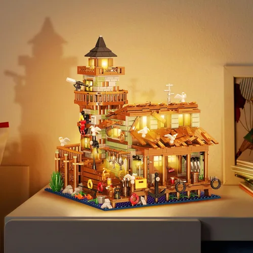 Vista 2 de 1881 piezas de bloques de construcción de cabaña de madera de pueblo pesquero con iluminación LED, ideales creativos, juegos de construcción