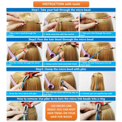 Vista 4 de Kit de extensión de cabello con herramientas e instrucciones, fácil de usar, 1000 mechones, 47 pulgadas, extensiones de cabello con purpurina Fairy