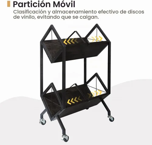 Vista 4 de SwaaVee Estante de almacenamiento de discos de vinilo con ruedas, soporte de discos de vinilo de 2 niveles 160-200 LP con divisores, estilo retro