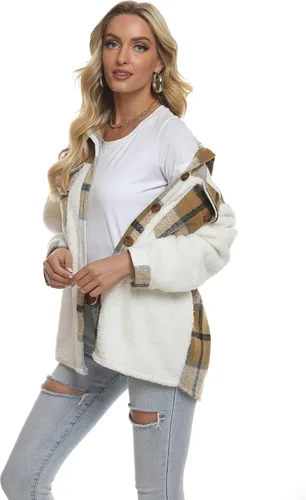 Vista 5 de Tanming Camisa de franela cepillada a cuadros con botones para mujer
