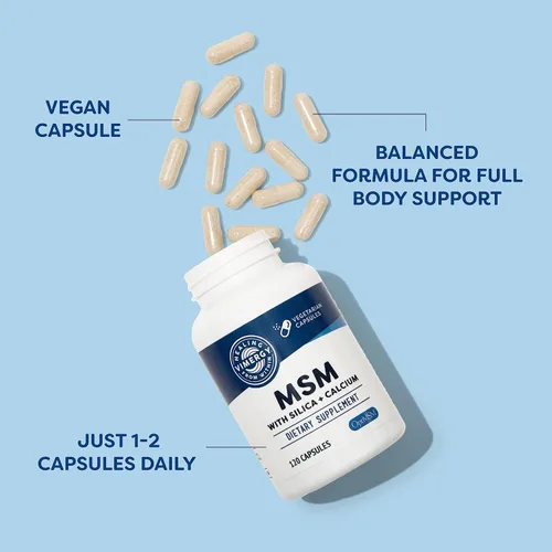 Vista 3 de Vimergy MSM con cápsulas de sílice + calcio, 120 porciones, apoya la salud ósea, promueve la salud del cabello y las uñas, sin OMG, sin gluten