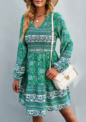 Vista 4 de KIRUNDO Vestido corto de manga larga con volantes y estampado floral para mujer, cuello redondo, cintura alta fruncida, acampanado, vestido corto