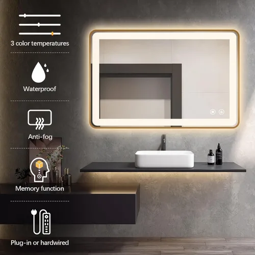 Vista 4 de Niccy Espejo LED de baño, 32"x20" pulgadas, rectangular, espejos de tocador para montar en la pared, con marco de metal, espejo inteligente