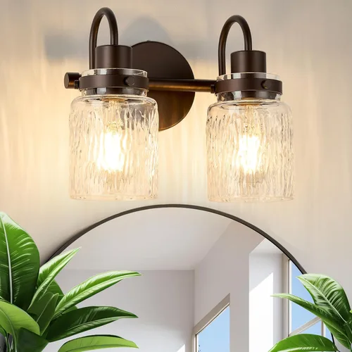 Vista 17 de 2 luces de tocador de baño, lámparas de baño de níquel cepillado con pantalla de vidrio martillado para tocador, sobre espejo, pasillo