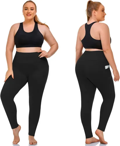 Vista 2 de NEW YOUNG Paquete de 3 leggings de talla grande con bolsillos para mujer cintura alta control de abdomen pantalones de yoga para entrenamiento