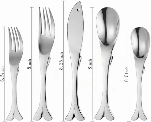 Vista 6 de Supreme Housewares Juego de cubiertos de 20 piezas en forma de pez, acero inoxidable 18/8, servicio para 4, pulido espejo, apto para lavavajillas