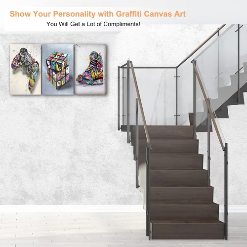 Vista 2 de Lienzo de graffiti con múltiples paneles – 3 piezas de graffiti pop street art impresiones en lienzo para decoración de pared, obras de arte