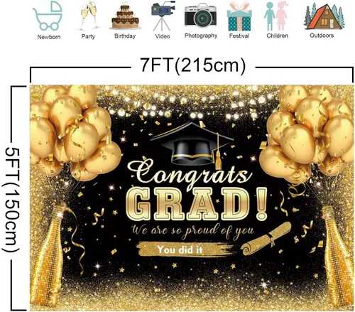 Vista 5 de Cartel de graduación de 7 x 5 pies para celebrar la clase de 2025, decoraciones de fiesta con globos negros y dorados con purpurina negra y dorada