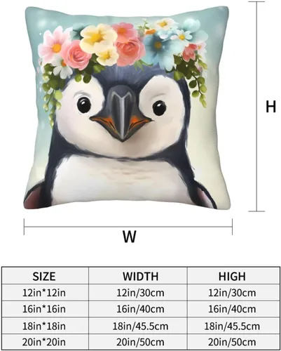 Vista 4 de Funda de cojín cuadrada suave con estampado de pingüinos con estampado de flores, para decoración del hogar, sala de estar, cama, sofá automóvil, 18
