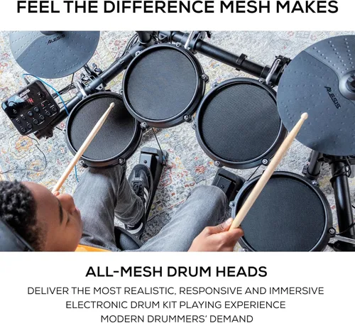 Vista 2 de Kit Alesis Turbo Mesh – Set de batería eléctrica con más de 100 sonidos, almohadillas de tambor de malla silenciosas, baquetas, cables de conexión