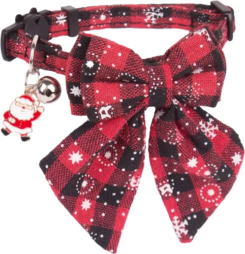 Vista 4 de PTDECOR Paquete de 2 Collares Navideños para Gatos, Collar de Gato Navideño con Corbatín y Campanilla Desmontables, Collares Navideños de Liberación