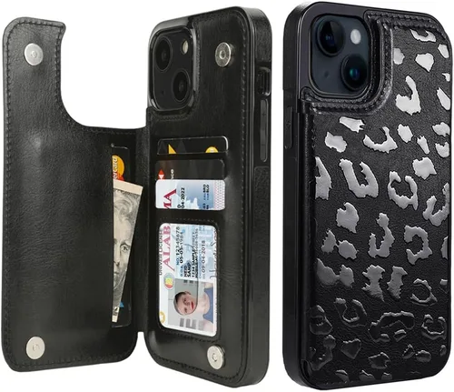 Vista 55 de uCOLOR - Funda tipo cartera para iPhone 15 con tarjetero y diseño de lunares con leche de almendra Bloqueo RFID de piel sintética para mujeres