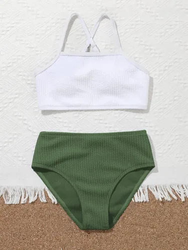 Vista 5 de SHENHE Girl's 2 Piece High Waisted Bikini Sets Criss Cross Spaghetti Strap Swimsuit Bathing Suit