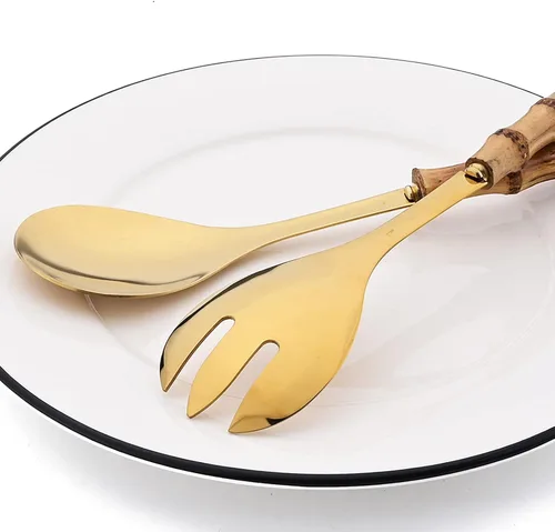 Vista 2 de Juego de 4 utensilios para servir con mango de bambú, acero inoxidable 304, cuchara larga Hanlde para cocina, bufé, banquete, boda, fiesta, cocina