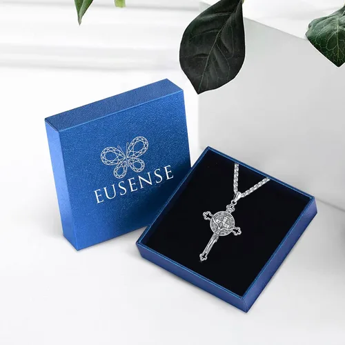 Vista 5 de Eusense - Collar con colgante de plata de ley 925 de San MiguelSan Benito para hombres y mujeres con cruz de Jesúsmedalla milagrosa de la Virgen
