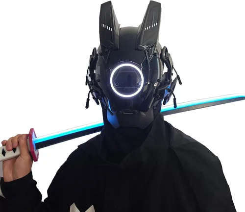 Vista 9 de Techwear - Máscara punk, máscara de samurái con luz LED, máscara de anime para cosplay de Halloween