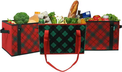 Vista 2 de Earthwise Caja de compras plegable reutilizable de lujo, juego de bolsas de comestibles con parte inferior reforzada, diseño navideño a cuadros