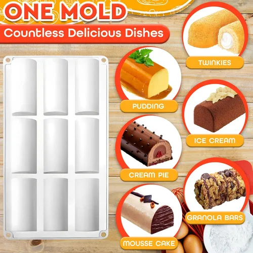 Vista 6 de Molde de silicona de 9 cavidades, molde reutilizable antiadherente para hornear en forma de tronco para mini rollos suizos, postres de chocolate