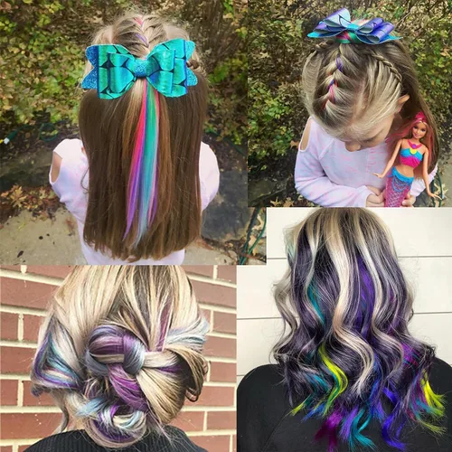 Vista 4 de 12 piezas de extensiones de cabello de color rosa intenso - Lisas multicolor con clip - 20 pulgadas arcoíris - Regalos para niños/mujeres - Fiestas