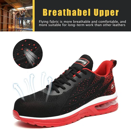 Vista 5 de HiHatide - Zapatos con punta de acero para hombre, zapatos de trabajo, zapatos de seguridad, con amortiguación de aire, ligeros, antideslizantes